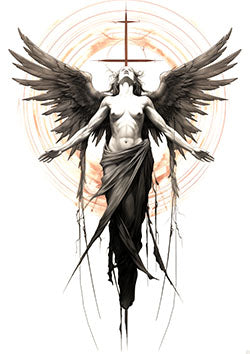 Tattoo template of a celestial angel with dark wings and fabric, uplifted toward a radiant cross.