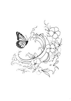 Tattoo template of a butterfly above an ocean wave with flowers intertwined