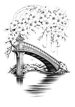 Tattoo template of a Japanese bridge with cherry blossoms