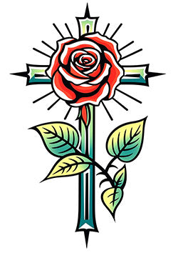 Tattoo template of a red rose entwined around a radiant green cross