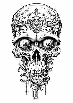 Tattoo template of a futuristic cyborg skull with intricate mechanical details