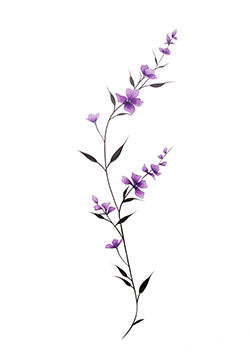 Tattoo template of a slender branch with purple flowers, symbolizing growth and serenity