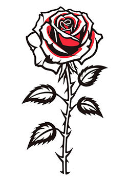 Tattoo template of a detailed red and black rose with sharply defined leaves