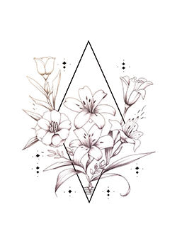 Tattoo template of a geometric floral arrangement with lilies and morning glories