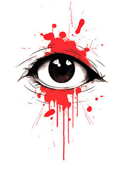 Tattoo template of a realistic eye with red paint splatters, conveying intense emotion