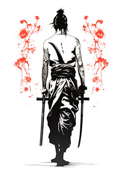 Tattoo template of a samurai with swords and red blossoms.