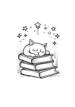 Tattoo template of a cat sleeping on books under stars