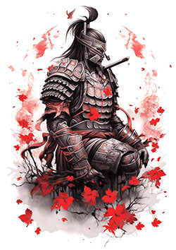 Tattoo template of a samurai surrounded by red leaves