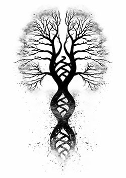 Tattoo template of a tree with intertwined DNA roots in black ink and nature motif