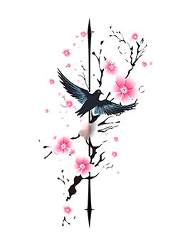 Tattoo template of a bird in flight with cherry blossoms