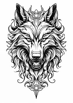 Tattoo template of an ornate tribal wolf design