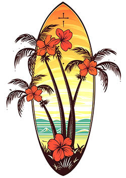 Tattoo template of a surfboard with hibiscus flowers and palm trees against a beach sunset backdrop