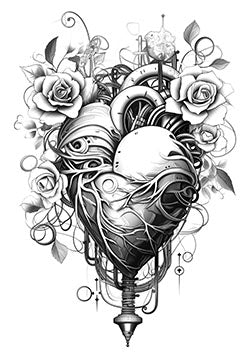 Tattoo template of a mechanical heart intertwined with roses