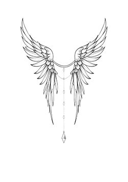 Tattoo template of a pair of angel wings with a hanging ornamental gem