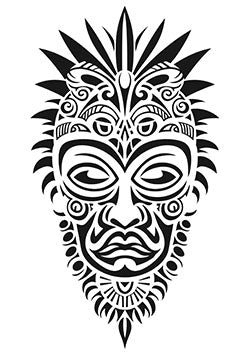 Tattoo template of a detailed tribal mask design with intricate patterns