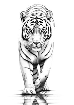 Tattoo template of a majestic tiger walking with intense focus reflecting strength and grace