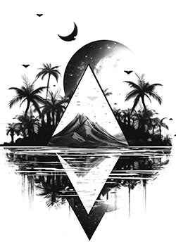 Tattoo template of a serene landscape with moon and triangle