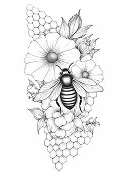 Tattoo template of a bee among flowers and honeycombs