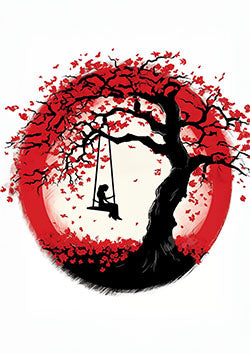 Tattoo template of a girl on a swing under a blossoming tree with a red moon