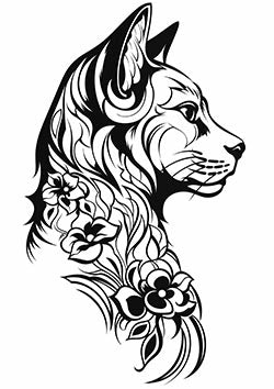 Tattoo template of a cat with floral designs