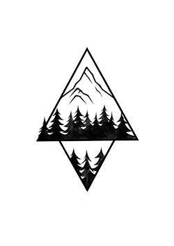 Tattoo template of a mountain with pine trees in a triangle frame