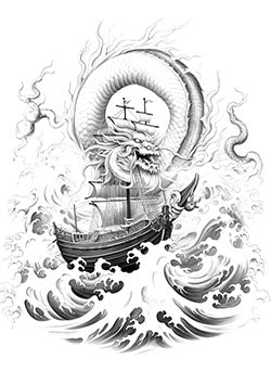 Tattoo template of an eastern dragon winding around a ship at sea