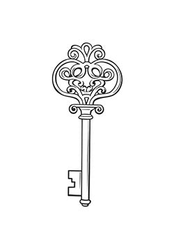 Tattoo template of an antique key with elaborate scrollwork designs