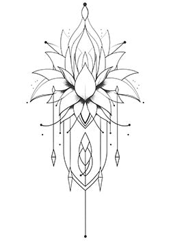 Tattoo template of a detailed lotus flower with geometric elements and hanging ornaments.