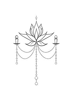 Tattoo template of a lotus flower with dangling beads and candles