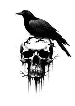 Tattoo template of a raven perched on a skull, emphasizing mystery and mortality