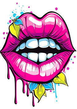 Tattoo template of vibrant glossy lips with colorful leaves and splatters, showcasing artistic expression and style.