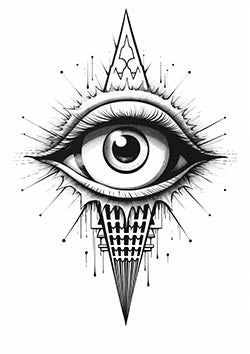 Tattoo template of a detailed eye with triangular elements and dripping effect