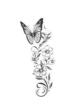 Tattoo template of a butterfly above flowers and vines in a nature-inspired design