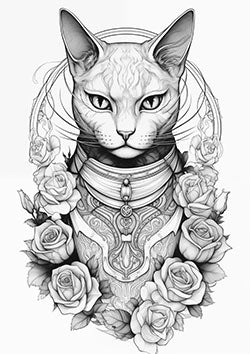 Tattoo template of a cat with intricate jewelry, surrounded by roses