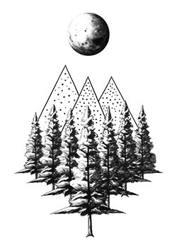 Tattoo template of a moon over a pine forest