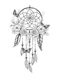 Tattoo template of a dreamcatcher with roses and butterflies, representing elegance and serenity