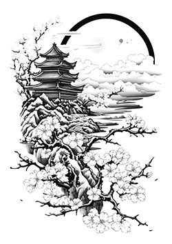 Tattoo template of a Japanese pagoda with cherry blossoms and a moon