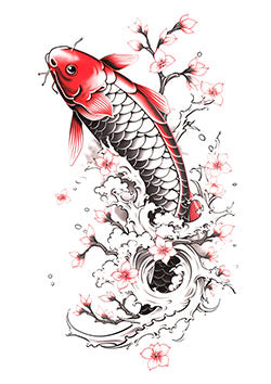 Tattoo template of a red koi fish with cherry blossoms and water waves