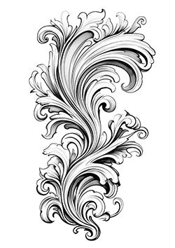 Tattoo template of a baroque floral motif with intricate swirls and delicate shading