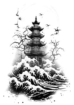 Tattoo template of a pagoda with waves and flying birds