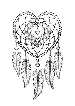 Tattoo template of a heart-shaped dreamcatcher with feathers