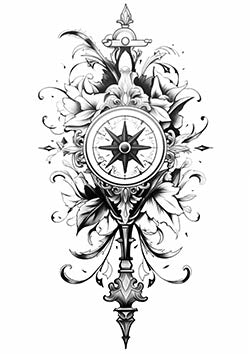 Tattoo template of a compass with floral design