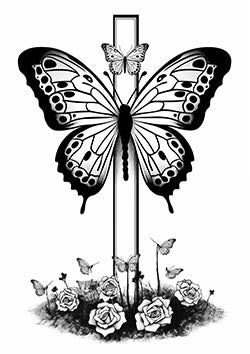 Tattoo template of a butterfly with ink drips and roses