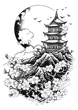 Tattoo template of a pagoda with mountains and a crescent moon