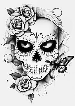 Tattoo template of a sugar skull with roses and a butterfly, in black and gray style, conveying elegance and tradition.