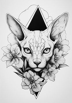 Tattoo template of a sphynx cat with geometric features and flowers