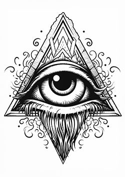 Tattoo template of a mystical eye within a geometric triangle, surrounded by swirls