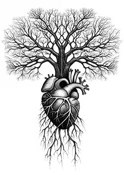 Tattoo template of a human heart merging into a tree with roots extending downward and branches stretching upward.