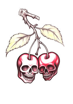 Tattoo template of a pair of cherry skulls intertwined on a branch