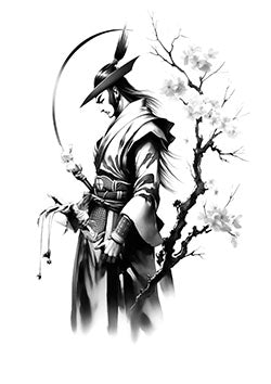 Tattoo template of a samurai with cherry blossoms